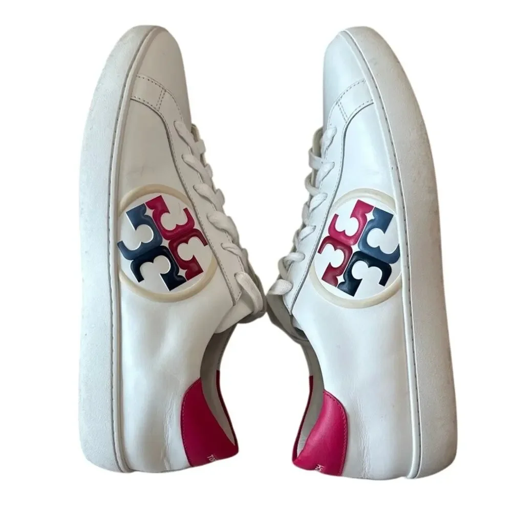 Tory Burch Leigh‎ T Logo Sneakers White Azalea Pink Size 10